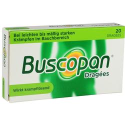 Eine Packung Buscopan Dragées gegen Bauchkrämpfe.