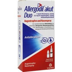 Verpackung von Allergodil akut Duo mit Augentropfen und Nasenspray gegen Allergien.
