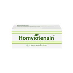Weiße Arzneimittelverpackung mit grünem Schriftzug "Homviotensin", 100 ml Inhalt.