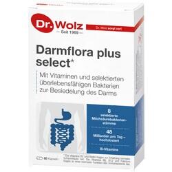 Eine weiße Verpackung mit dem Text "Darmflora plus select" und medizinischen Informationen.