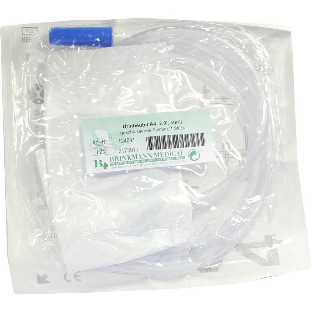 Ein steriler Urinbeutel mit Schlauch in Plastikverpackung.