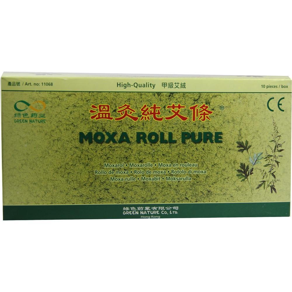 Verpackung mit grünem Design und der Aufschrift "Moxa Roll Pure".