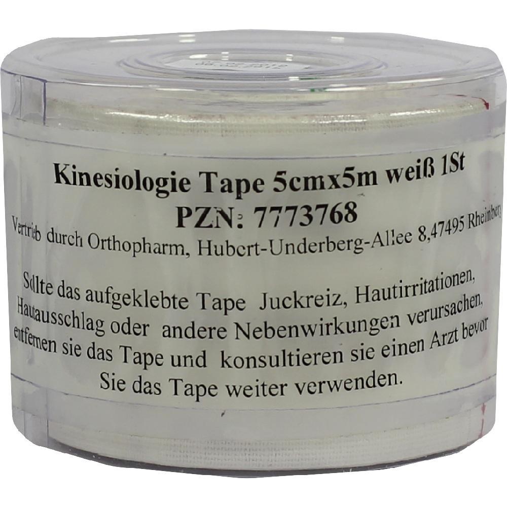 Eine Rolle weißes Kinesiologie-Tape mit Warnhinweisen bei Hautreizungen.