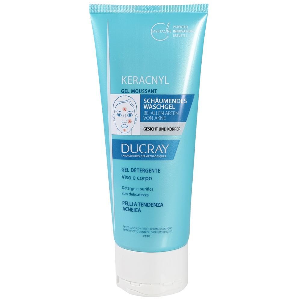 Eine blaue Tube enthält schäumendes Waschgel gegen Akne von Ducray.