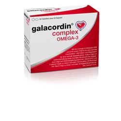 Weiße Packung mit rot-schwarzer Schrift und einem Herzsymbol, „galacordin complex OMEGA-3“.